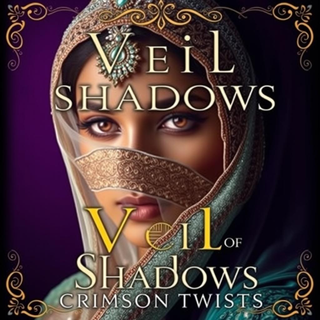 A stunning book cover for 'Veil of Shadows' by Crimson Twists, featuring an Indian bride with a beautifully intricate face covering