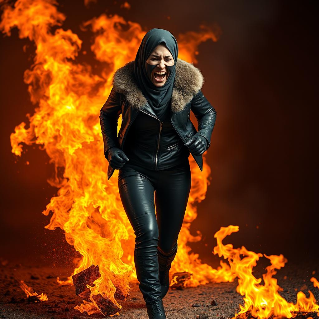A woman wearing a hijab and face veil, dressed in tight black leather pants and a fitted leather jacket with a fur collar, along with leather gloves and high-heeled leather boots, is running while engulfed in flames