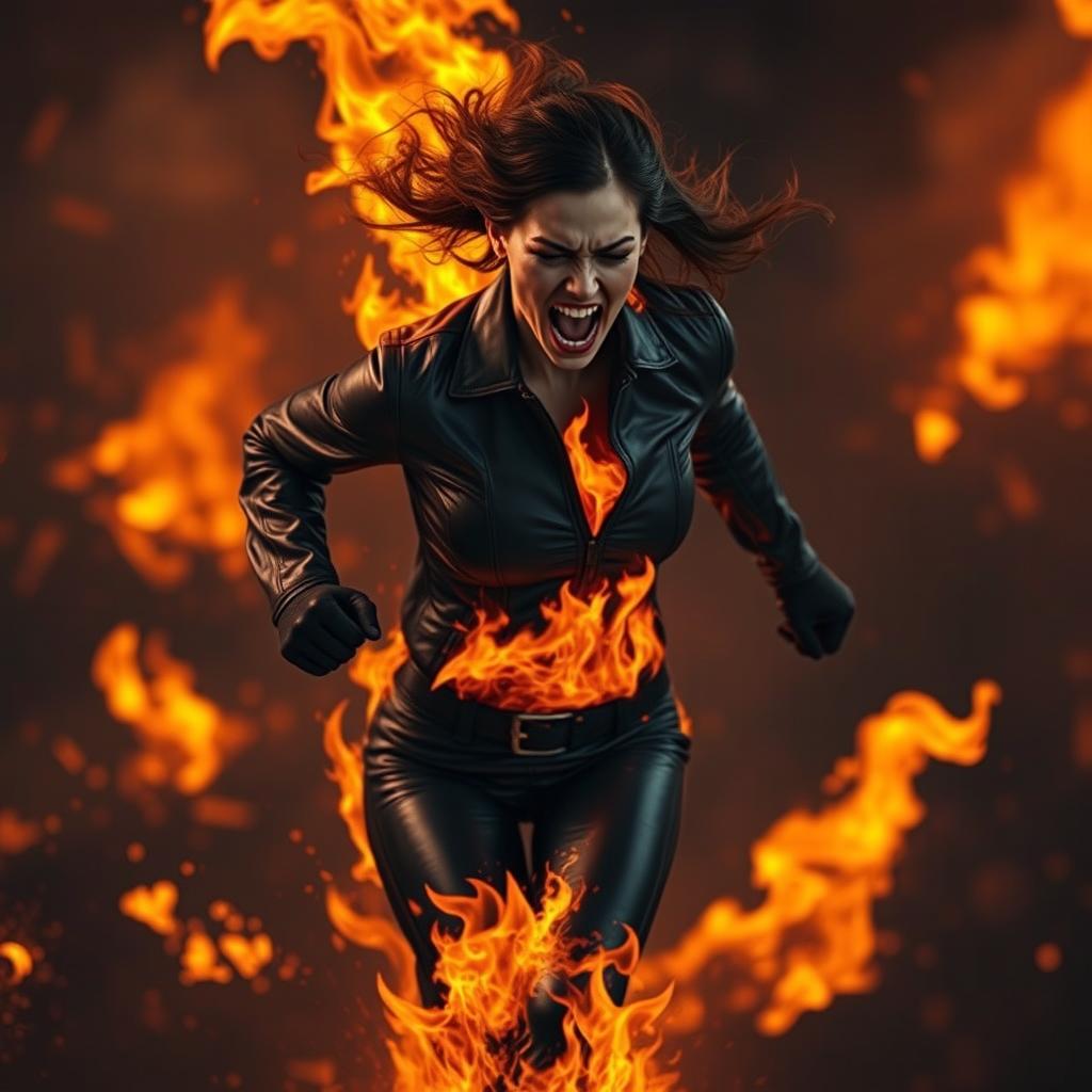 A woman engulfed in flames, dressed in tight leather clothing and leather gloves, running and screaming in agony