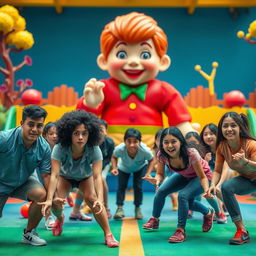 A dramatic scene set in a vibrant playground inspired by the game 'Red Light, Green Light', featuring a diverse group of players competing