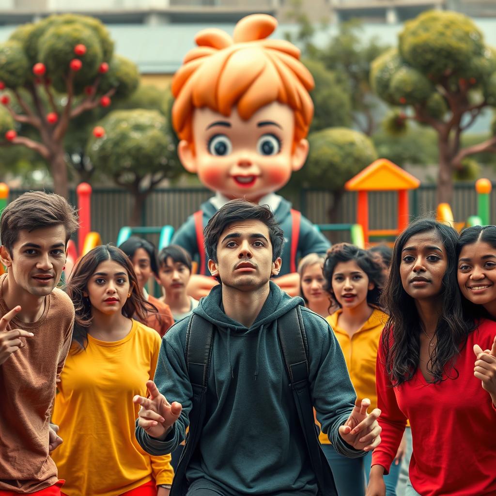 A dramatic scene set in a vibrant playground inspired by the game 'Red Light, Green Light', featuring a diverse group of players competing