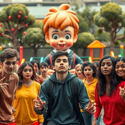 A dramatic scene set in a vibrant playground inspired by the game 'Red Light, Green Light', featuring a diverse group of players competing