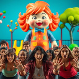 A dramatic scene set in a vibrant playground inspired by the game 'Red Light, Green Light', featuring a diverse group of players competing