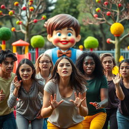 A dramatic scene set in a vibrant playground inspired by the game 'Red Light, Green Light', featuring a diverse group of players competing
