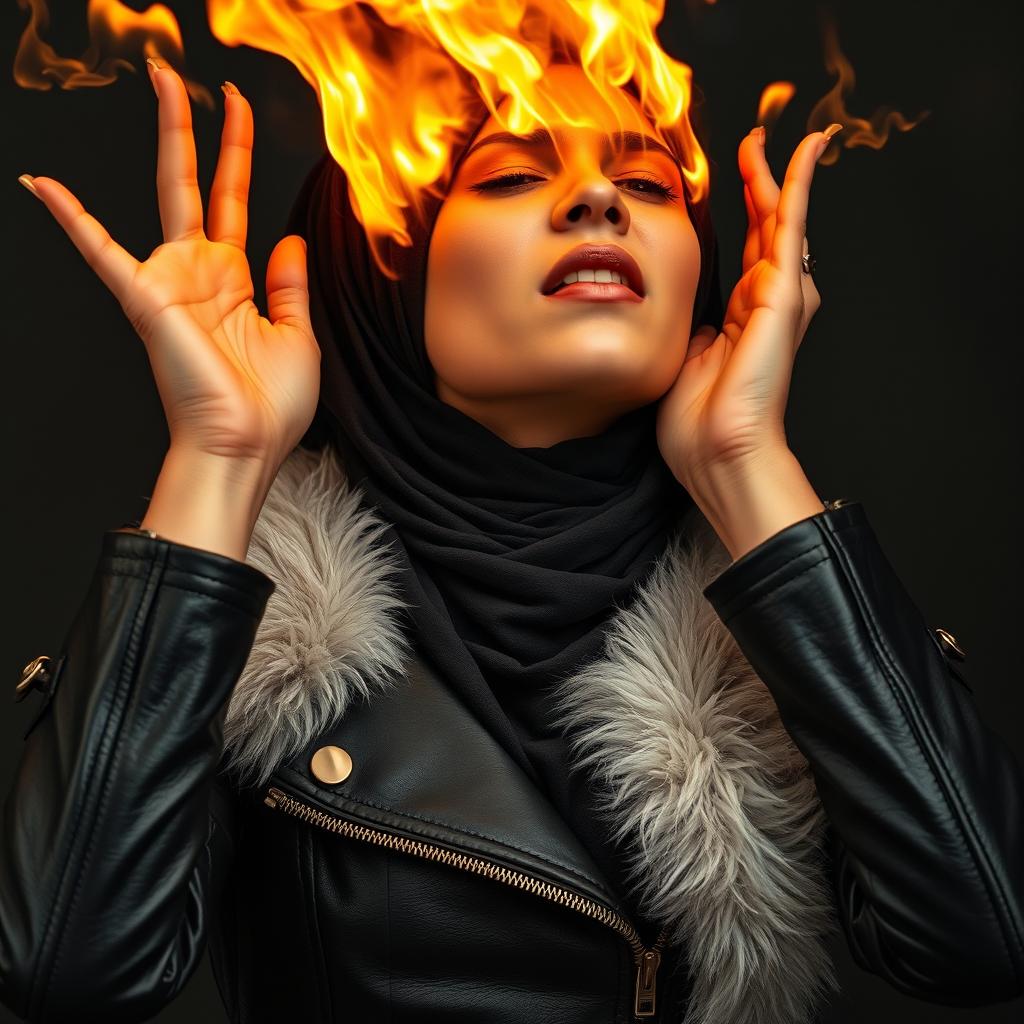 A beautiful woman wearing a black leather jacket with a tight fit and a white fur collar