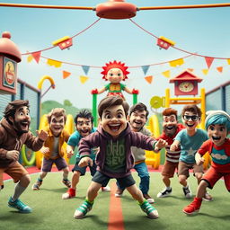 A lively and colorful scene inspired by the game 'Red Light, Green Light', featuring a diverse array of popular content creators and YouTubers as players