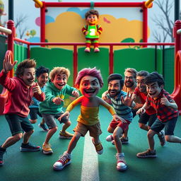 A lively and colorful scene inspired by the game 'Red Light, Green Light', featuring a diverse array of popular content creators and YouTubers as players