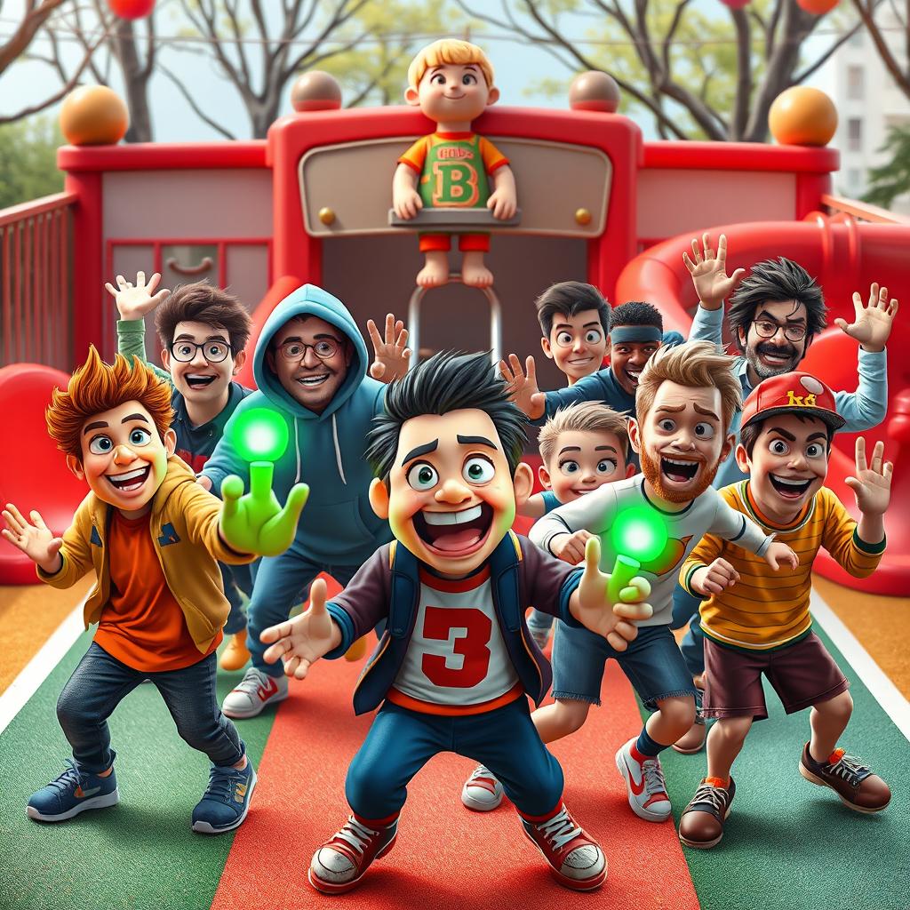 A lively and colorful scene inspired by the game 'Red Light, Green Light', featuring a diverse array of popular content creators and YouTubers as players