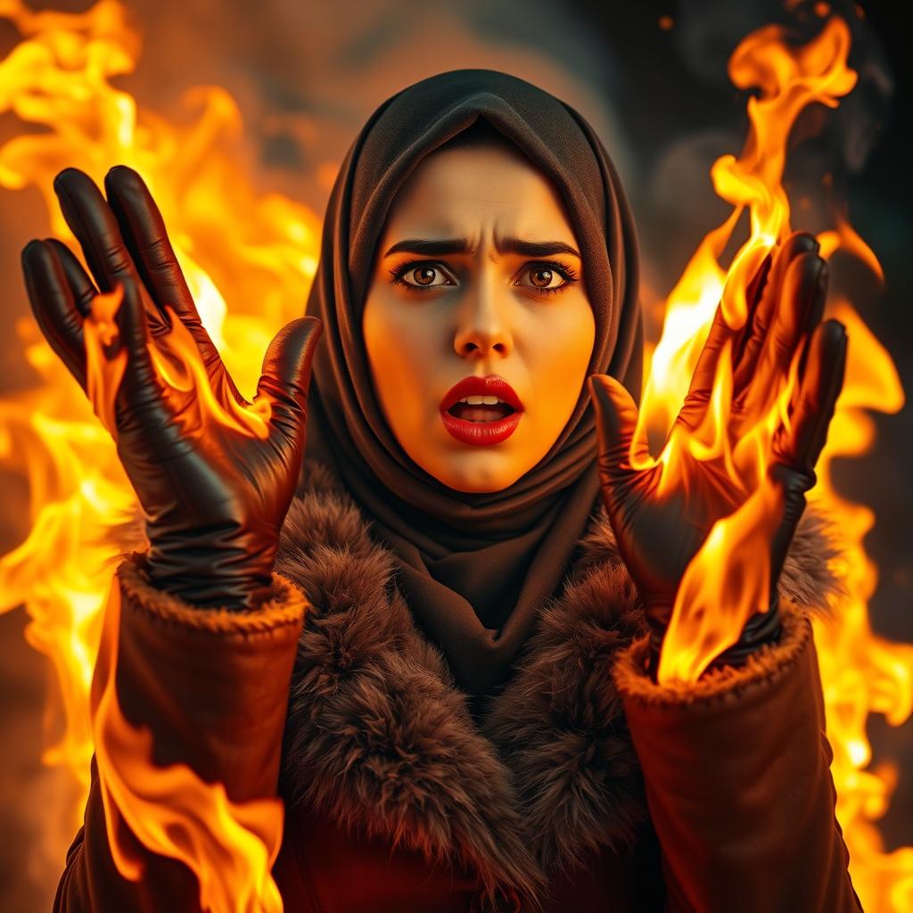 A beautiful woman wearing a hijab, engulfed in flames, expressing horror and pain