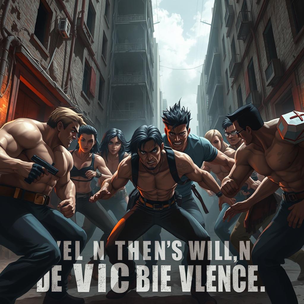 A gritty and intense scene depicting a fictional confrontation in a dramatic urban environment