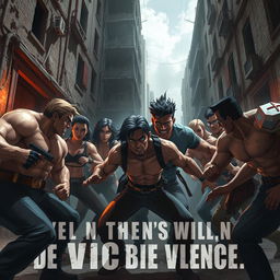 A gritty and intense scene depicting a fictional confrontation in a dramatic urban environment