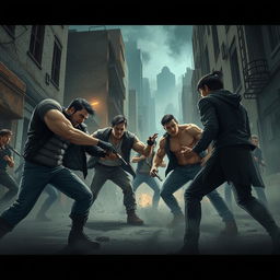 A gritty and intense scene depicting a fictional confrontation in a dramatic urban environment