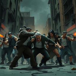 A gritty and intense scene depicting a fictional confrontation in a dramatic urban environment