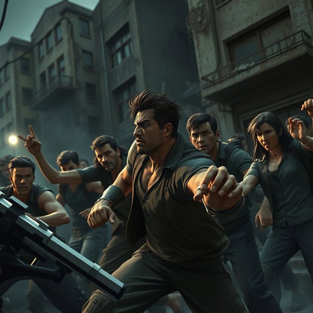 A gritty and intense scene depicting a fictional confrontation in a dramatic urban environment