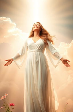 A woman standing in a radiant, heavenly light, symbolizing her salvation and transformation through the grace of God