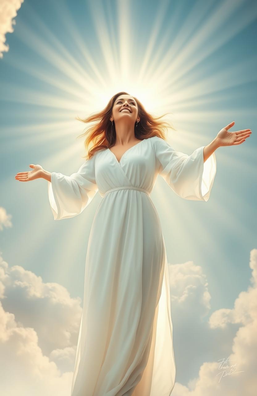 A woman standing in a radiant, heavenly light, symbolizing her salvation and transformation through the grace of God
