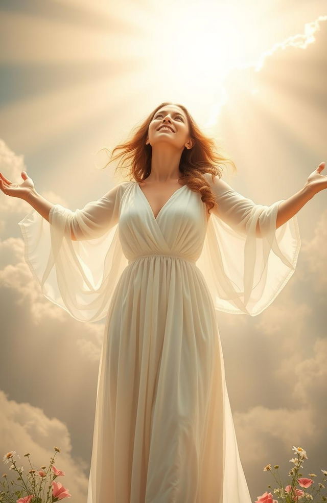 A woman standing in a radiant, heavenly light, symbolizing her salvation and transformation through the grace of God