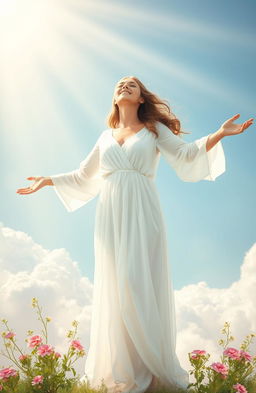 A woman standing in a radiant, heavenly light, symbolizing her salvation and transformation through the grace of God