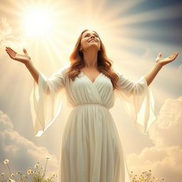 A woman standing in a radiant, heavenly light, representing her salvation and the transformative power of grace