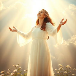 A woman standing in a radiant, heavenly light, representing her salvation and the transformative power of grace