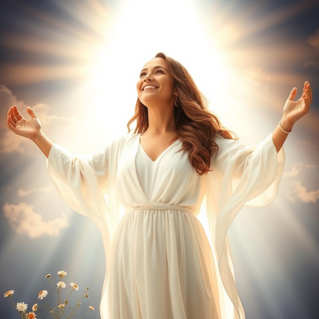 A woman standing in a radiant, heavenly light, representing her salvation and the transformative power of grace