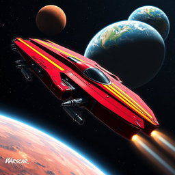 A futuristic red spaceship with sleek, aerodynamic lines and striking yellow racing stripes, traveling through the vast expanse of space