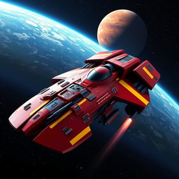 A futuristic red spaceship with sleek, aerodynamic lines and striking yellow racing stripes, traveling through the vast expanse of space