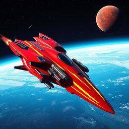 A futuristic red spaceship with sleek, aerodynamic lines and striking yellow racing stripes, traveling through the vast expanse of space