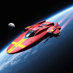 A futuristic red spaceship with sleek, aerodynamic lines and striking yellow racing stripes, traveling through the vast expanse of space