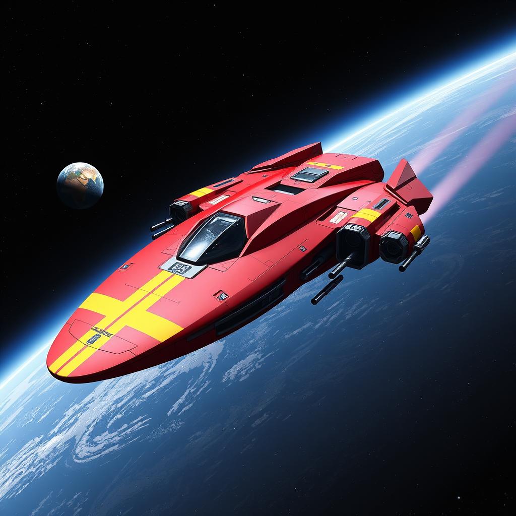 A futuristic red spaceship with sleek, aerodynamic lines and striking yellow racing stripes, traveling through the vast expanse of space