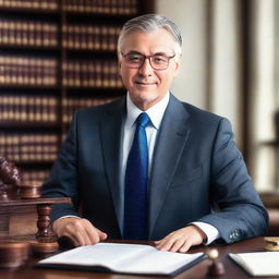 A professional lawyer in a well-tailored suit, standing in a polished law firm office, surrounded by law books and holding a gavel.