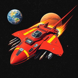 A bold red spaceship equipped with numerous weapons systems and striking yellow racing stripes, navigating through the depths of space towards Mars