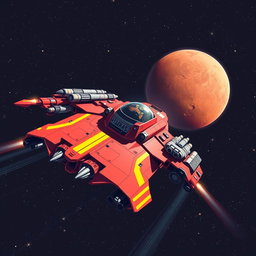 A bold red spaceship equipped with numerous weapons systems and striking yellow racing stripes, navigating through the depths of space towards Mars