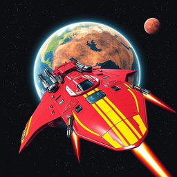 A bold red spaceship equipped with numerous weapons systems and striking yellow racing stripes, navigating through the depths of space towards Mars