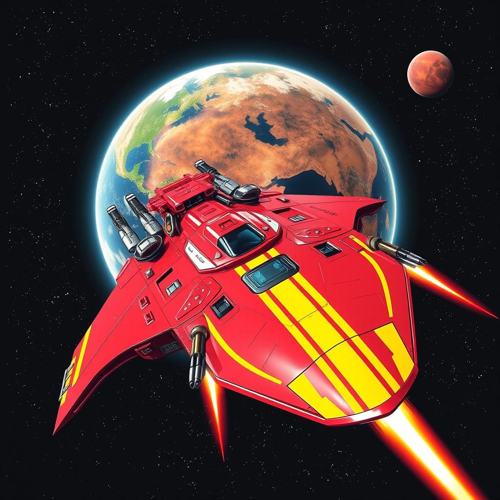 A bold red spaceship equipped with numerous weapons systems and striking yellow racing stripes, navigating through the depths of space towards Mars