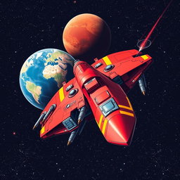 A bold red spaceship equipped with numerous weapons systems and striking yellow racing stripes, navigating through the depths of space towards Mars