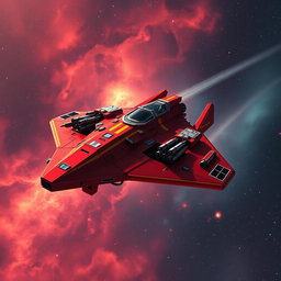 An impressive red spaceship adorned with striking yellow racing stripes, soaring through the immense depths of space