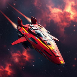 An impressive red spaceship adorned with striking yellow racing stripes, soaring through the immense depths of space