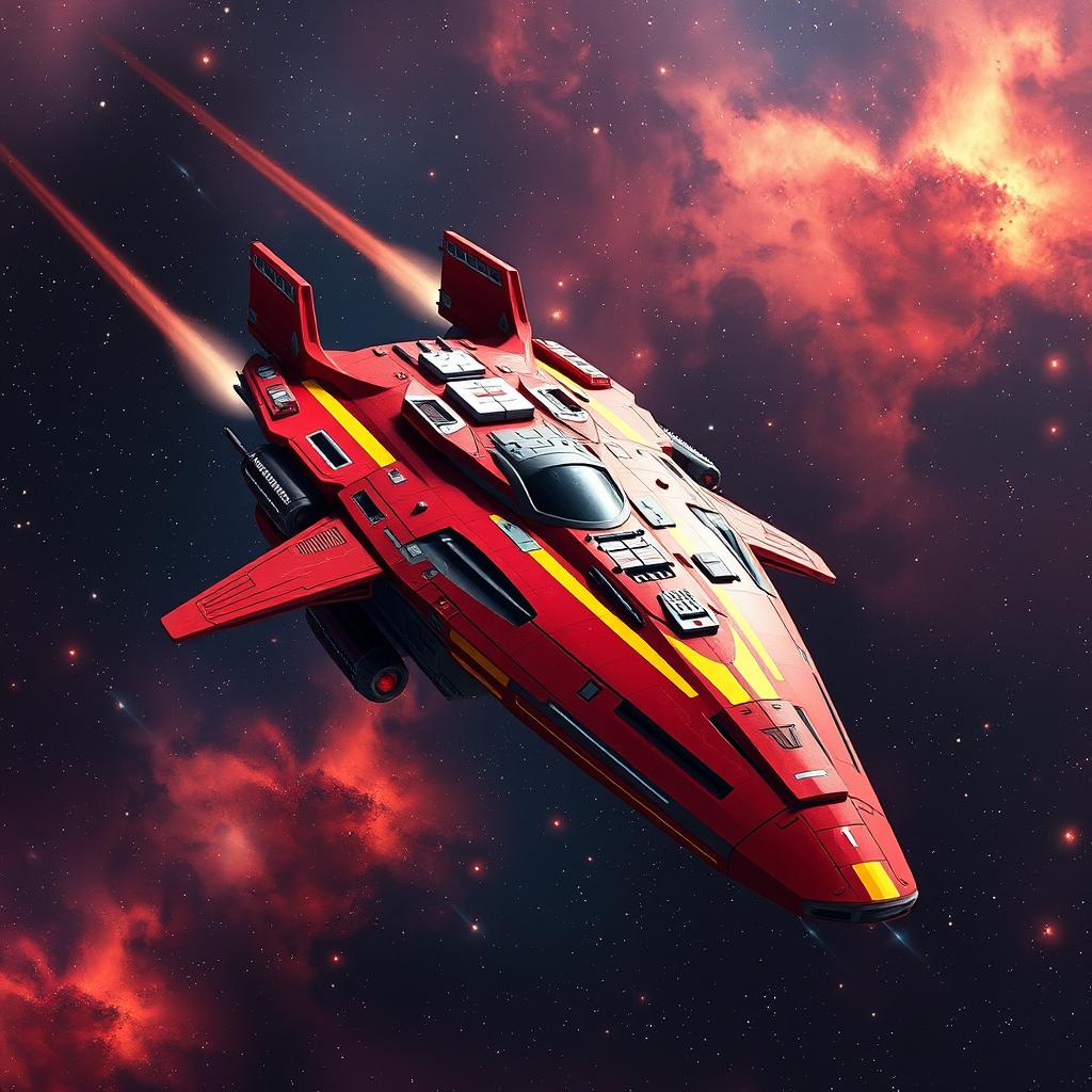 An impressive red spaceship adorned with striking yellow racing stripes, soaring through the immense depths of space