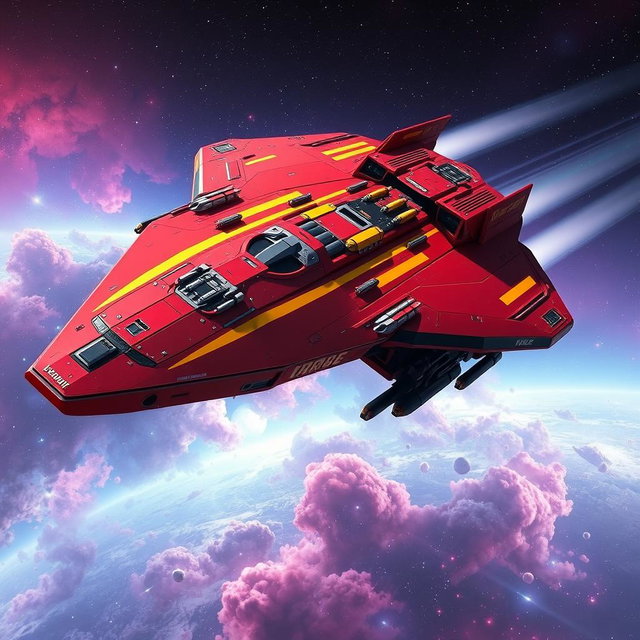 An impressive red spaceship adorned with striking yellow racing stripes, soaring through the immense depths of space