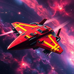 An impressive red spaceship adorned with striking yellow racing stripes, soaring through the immense depths of space