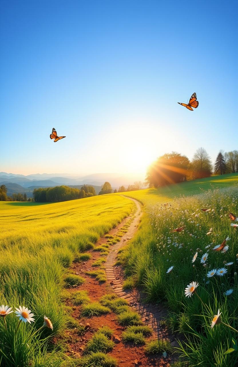 A serene landscape symbolizing hope and new beginnings, featuring a sunrise illuminating a path winding through lush green fields and blooming flowers