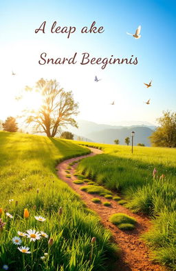 A serene landscape symbolizing hope and new beginnings, featuring a sunrise illuminating a path winding through lush green fields and blooming flowers