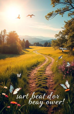 A serene landscape symbolizing hope and new beginnings, featuring a sunrise illuminating a path winding through lush green fields and blooming flowers