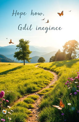 A serene landscape symbolizing hope and new beginnings, featuring a sunrise illuminating a path winding through lush green fields and blooming flowers