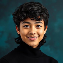 A stunning headshot of a young artist with deep brown eyes and curly black hair styled neatly