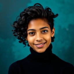 A stunning headshot of a young artist with deep brown eyes and curly black hair styled neatly