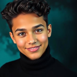 A stunning headshot of a young artist with deep brown eyes and curly black hair styled neatly