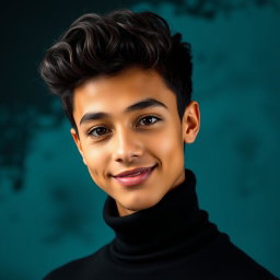 A stunning headshot of a young artist with deep brown eyes and curly black hair styled neatly