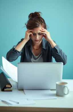A stressed young woman sitting at a desk, her hair slightly messy and a thoughtful expression on her face